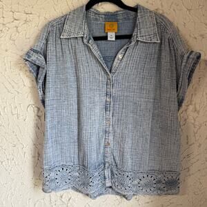Boho Denim Top Crochet Hem Blue Button Up Shirt Ruby Rd Chambray Blouse Womens